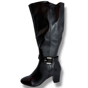 Karen Scott Black Isabel Knee High Boots Sz 6.5M Block Heel Snakeskin wide calf